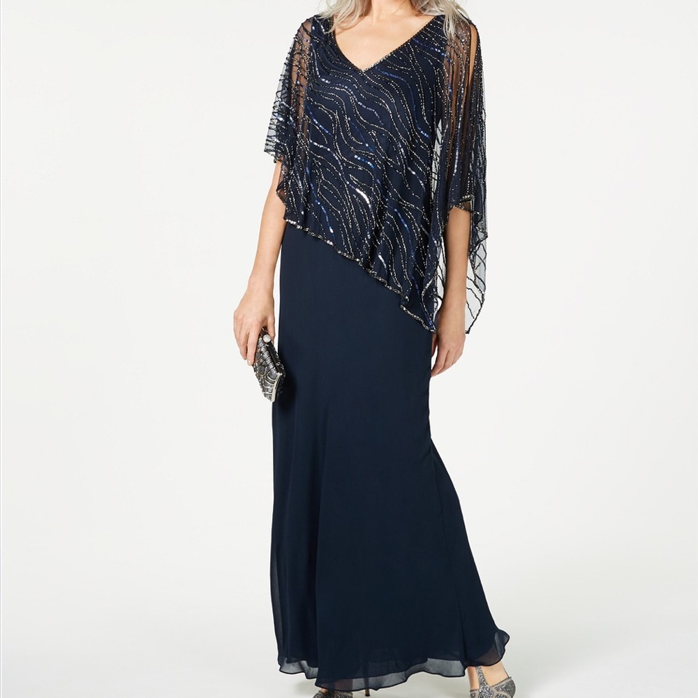 J Kara Beaded V-Neck Illusion-Overlay Gown in Navy